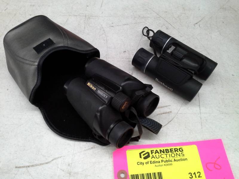 lot 312 image: Lot of (2) Nikon Travelite 10x25 Binoculars, Bushnell 12x25 Binoculars