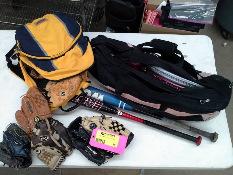 lot 351 image: Baseball Gloves, Aluminum Baseball Bats LX65M75120, Tennis Rackets with Carry Bags
