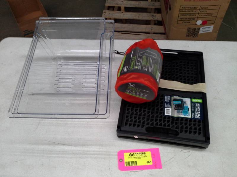 lot 406 image: Clear Plastic Refrigerator Drawers, Airrail 1.5 Self-Inflating Sleeping Pad, Stackable Folding Crates 33.8 qt.