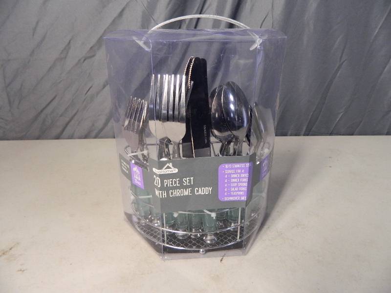 lot 41 image: New 20 Piece Silverware Set with Chrome Caddy