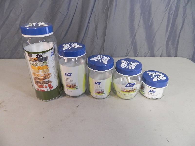 lot 72 image: New 5 Piece Butterfly Canister Set