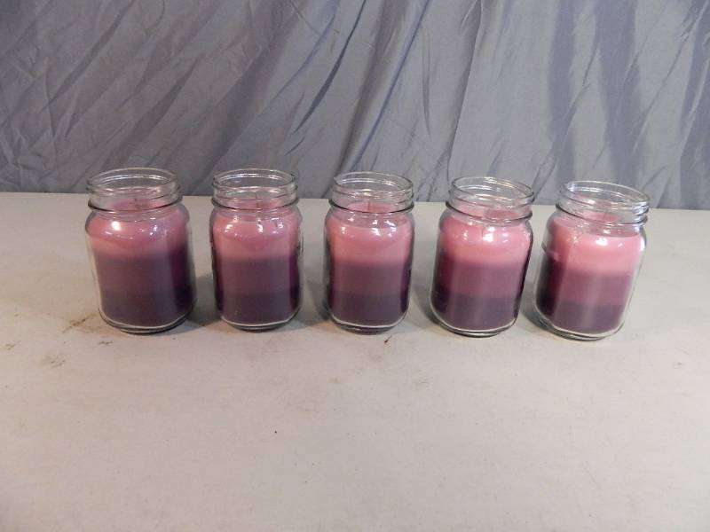 lot 78 image: 5 New LilacLavendar Scented Mason Jar Candles
