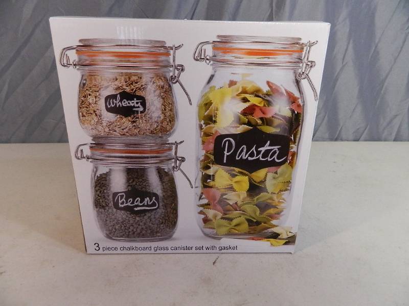 lot 86 image: New 3 Piece Chalkboard Glass Canister Set with Gasket