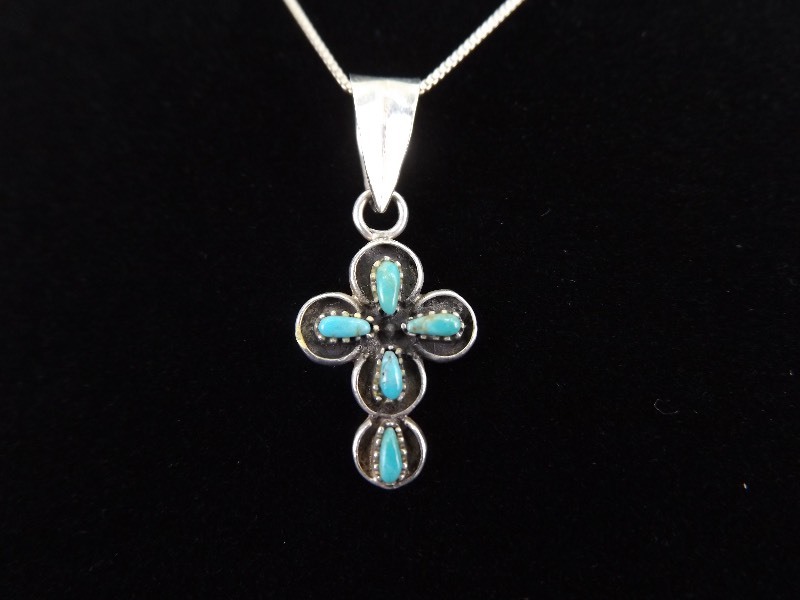 lot 12 image: .925 Sterling Silver Turquoise Cabochon Cross&nbspPendant Necklace