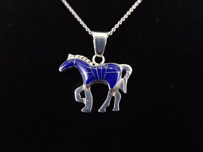 lot 18 image: .925 Sterling Silver Inlayed Lapis Zuni Horse&nbspPendant Necklace