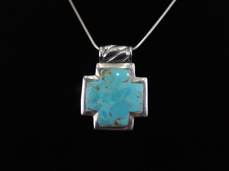 lot 11 image: .925 Sterling Silver Inlayed Turquoise Cross&nbspPendant Necklace