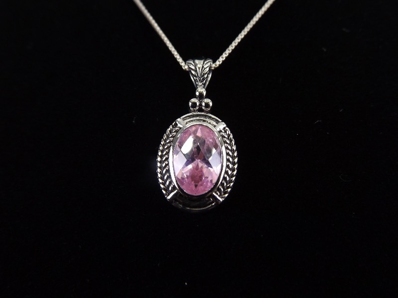 lot 21 image: .925 Sterling Silver Oval Cut Pink Sapphire Crystal&nbspPendant Necklace