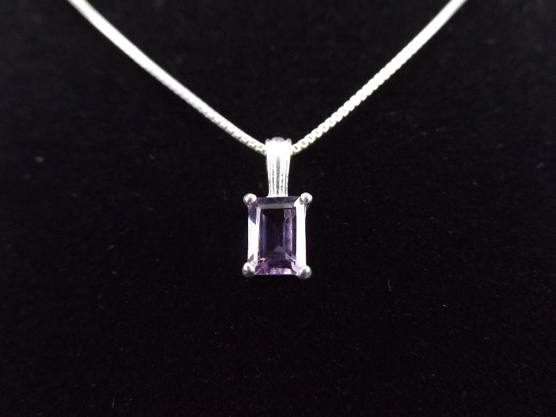 lot 23 image: .925 Sterling Silver Amethyst Baguette Crystal&nbspPendant Necklace