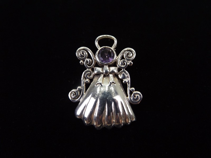 lot 67 image: .925 Sterling Silver Faceted Amethyst Angel Brooch