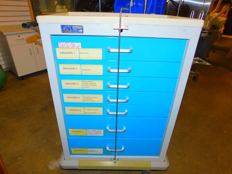 Metal Lt. Grey & Turquoise UNI Cart On Locking Wheels With Seven Drawers