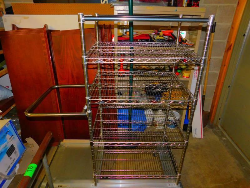 Chrome Four Shelf Storage Unit On Wheels