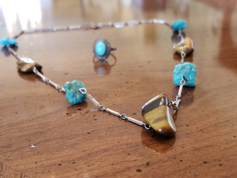 lot 57 image: Southwest Turquoise and Tigers Eye Raw Stone Sterling Necklace and Sterling Turquoise Ring