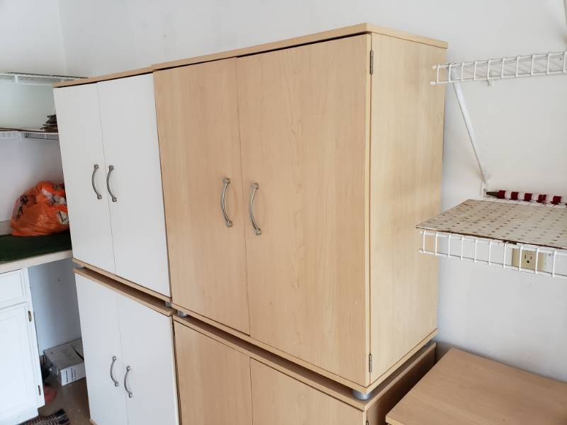 lot 153 image: (1) White Indoor  Garage Storage Cabinets