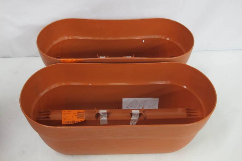 lot 66 image: Pair of Emsco Bloomers Series 24 in. W x 12 in. H Terra Cotta Resin Deck and Porch Rail Planter