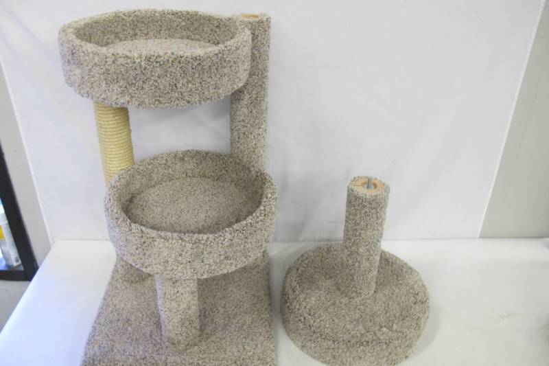 lot 35 image: New Cat Condos Carpeted Solid Wood Cat Tree Tower with Rope Scratching Post - Beige