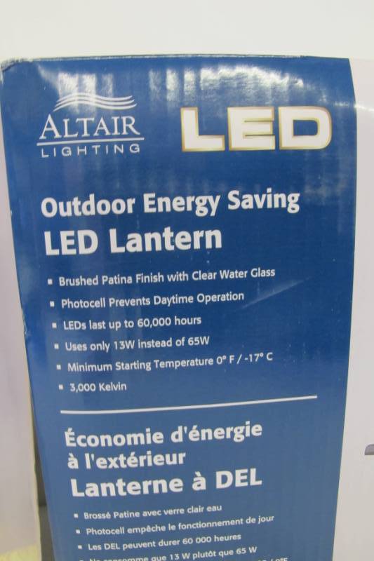 lot 71 image: 2-Pack of Altair Lighting Energy Saving LED Lanterns - Brushed Patina Finish with Clear Water Glass