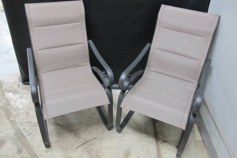 lot 116 image: Hampton Bay Crestridge Padded Sling Spring Patio Dining Chair in Putty (2-Pack)