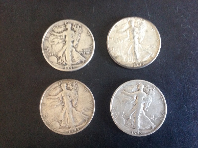4 - Walking Liberty Half Dollars 1943, 44, 45, and 46