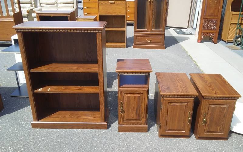 lot 23 image: 4-Pieces Pair of 1-Door Magazine Rack End Tables 22x13x20, Telephone StandTable 13x13x27, Book Shelf 31x12x42