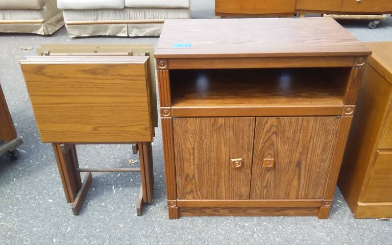 lot 27 image: 2-Door Media Storage Cabinet 29x17x32, Set Of 4-TV Trays With Stand