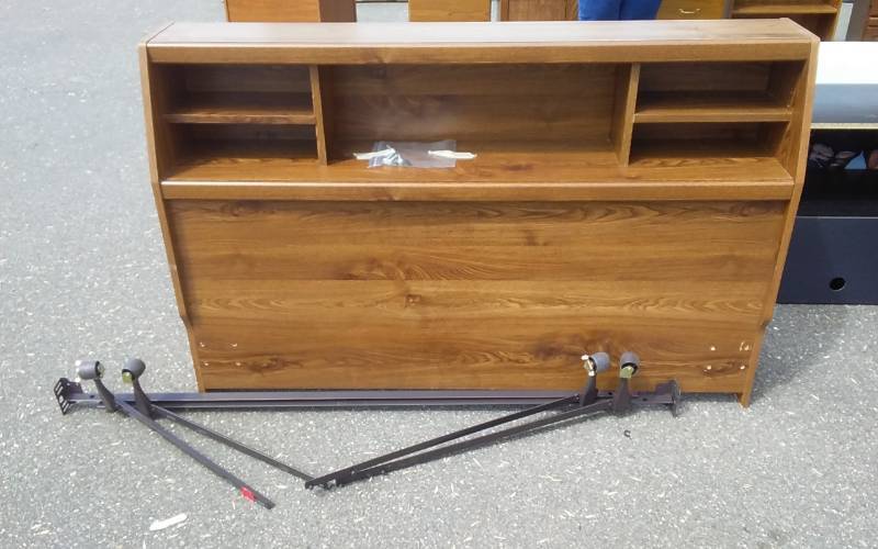 lot 28 image: Book Case Head Board 61x12x40 & Adjustable Metal Bed Frame With Casters