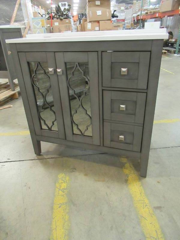 lot 39 image: allen   roth 36 in. Everdene Grey Single Sink Vanity with Carrera White Engineered Stone Top, WSLW36LGV - Damage LH Side Panel