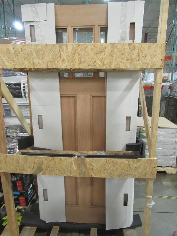 lot 12 image: Steves & Sons 36 in. x 80 in. Shaker 3 Lite, 2 Panel, Unfinished Mahogany Wood Front Door Slab - No Bore. NEW IN CRATE