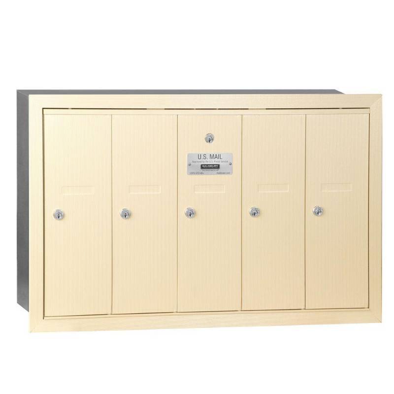 lot 124 image: Salsbury Industries Sandstone Recessed-Mounted USPS Access Vertical Mailbox with 5 Doors, 3505SRU - New in Box
