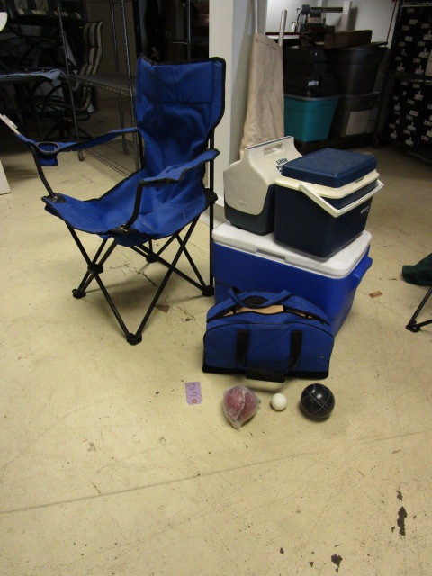 lot 604 image: CAMP CHAIR, BOCCE SET AND THREE COOLERS