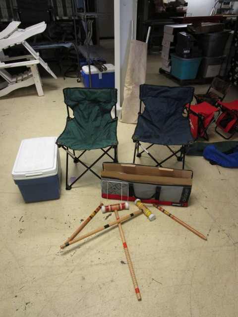 lot 605 image: CAMP CHAIRS, CROQUET SET AND COOLER
