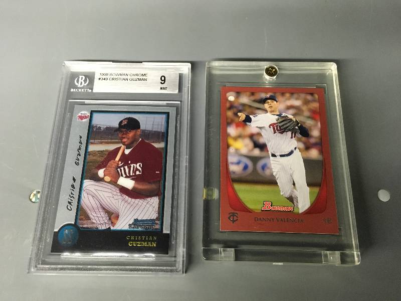 lot 274 image: Bowman Danny Valencia Card & 1998 Bowman Chrome #349 Cristian Guzman 9 Mint card
