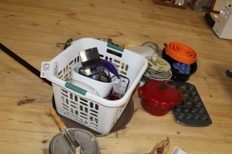 lot 426 image: Lot of cooking ware, plates and waffle machine