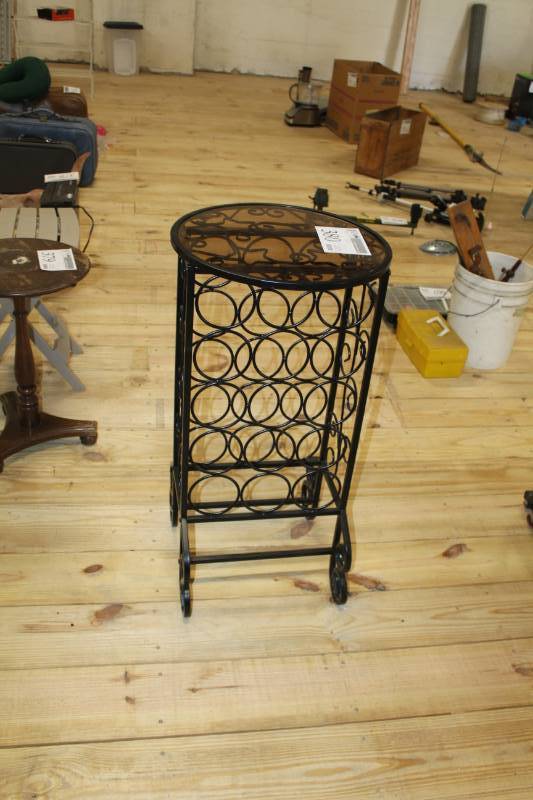 lot 380 image: Metal wine rack with glass top
