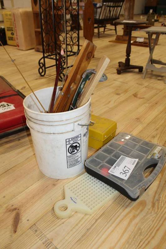 lot 367 image: Fishing gear, tackle box, and ice fishing polls