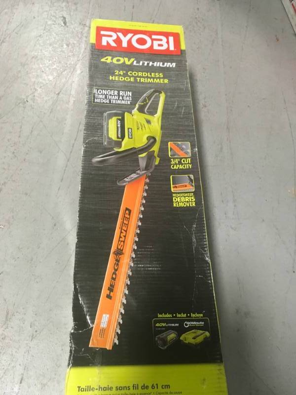 RYOBI 24 in. 40-Volt Lithium-Ion Cordless Hedge Trimmer - 2.6 Ah Battery and Charger Included In very good condition