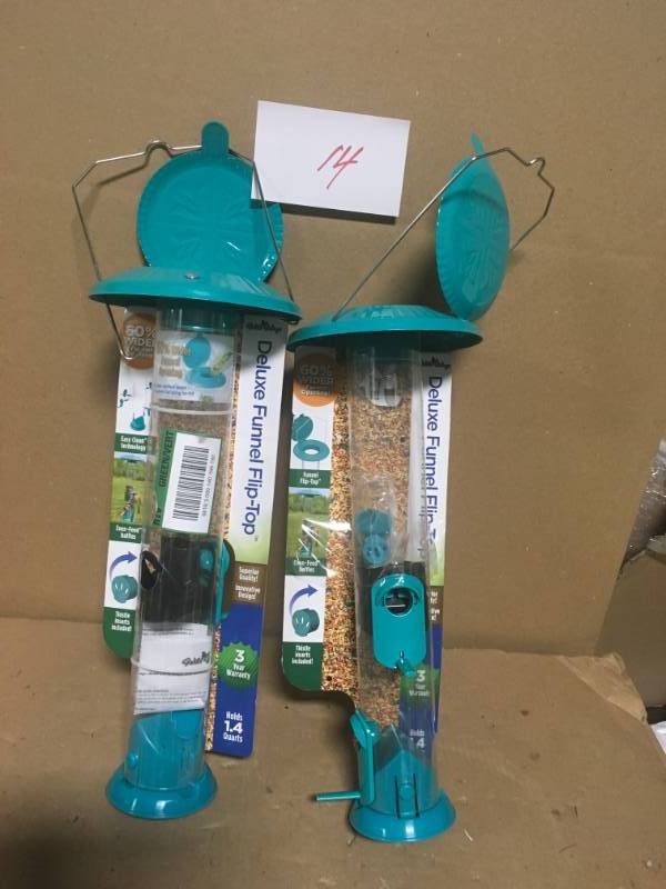 lot 14 image: Wide Deluxe Funnel Flip Top Tube Feeder QTY 2 in good condition