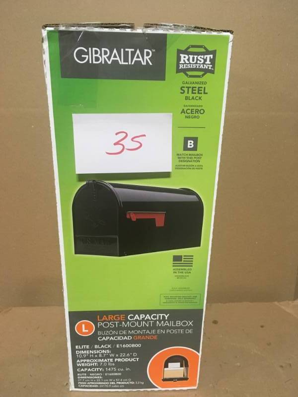 lot 35 image: Gibraltar Mailboxes Elite Large Galvanized Steel Post-Mount Mailbox in Black in good condition