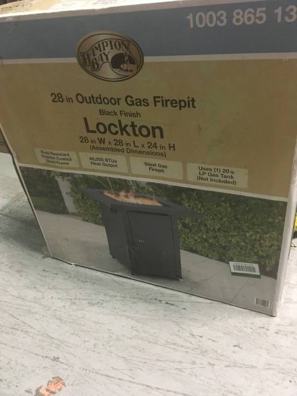 lot 52 image: Hampton Bay 28 in. Square Steel Gas Fire Pit with Burner and Table Lid in good condition