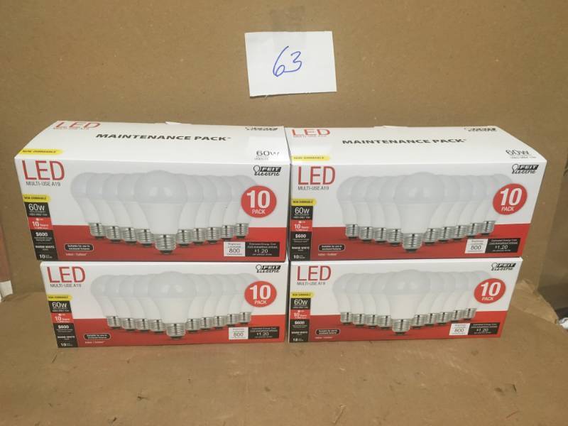 lot 63 image: Feit Electric A80083010KLED10RP 10PK 9.5W WW A19 Bulb QTY 4 PCS in good condition