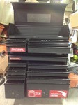 lot 104 image: Husky Industrial 52 in. W x 21.7 in. D 15-Drawer Tool Chest and Rolling Cabinet Combo in Matte Black used whit scratches and dents door are open but no key to locks in good condition