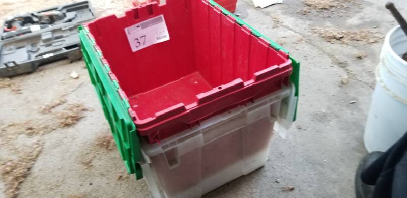 lot 37 image: Lot of  (2) Plastic Storage Bins with Flip top Lids