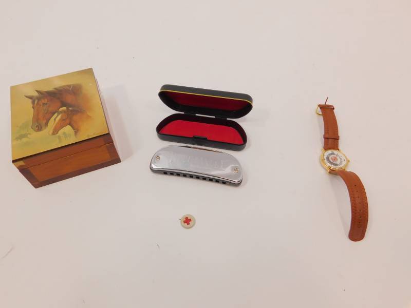 Harmonica, Watch, Wooden Box, Red Cross Button