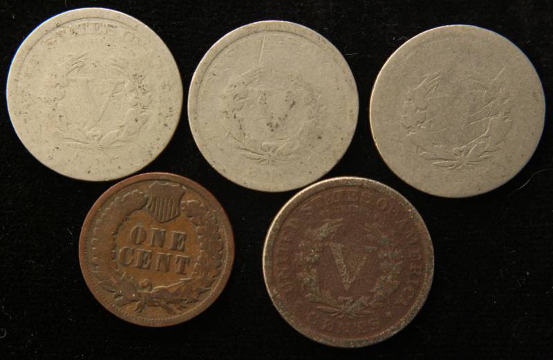 lot 06 image: 5 COINS 1894 INDIAN HEAD CENT & 4 LIBERTY NICKELS