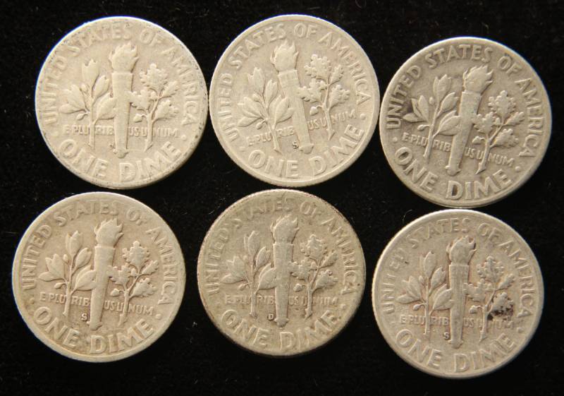 lot 22 image: 6 EARLYBETTER DATE DIMES 1946-D 1947-S 1948 1949-D 1949-S 1950-S