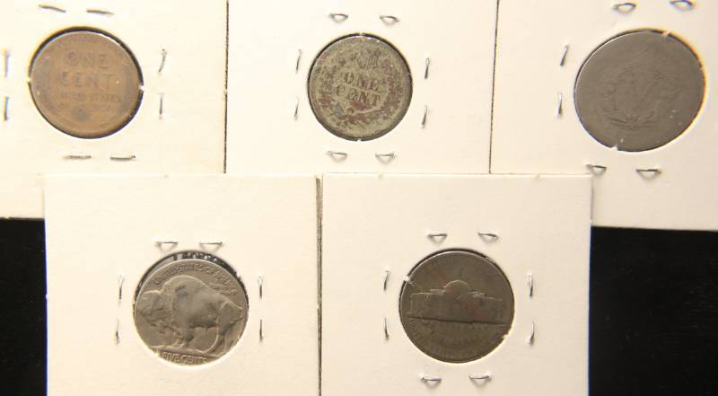 lot 23 image: 5 COINS 1912 WHEAT 1899 INDIAN 1906 V 1936 BUFFALO 1943 SILVER WAR NICKEL