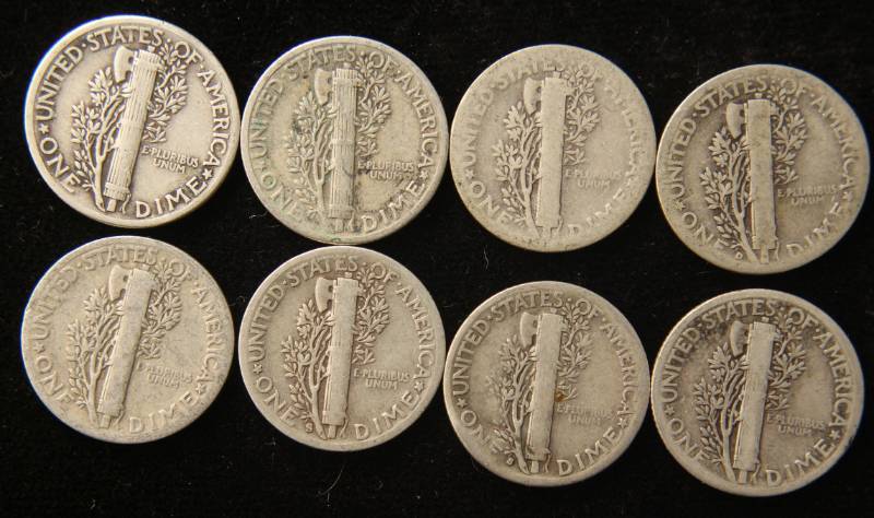 lot 35 image: GROUP OF 8 MERCURY DIMES AS PICTURED