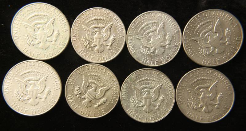 lot 36 image: GROUP OF 8 KENNEDY 40% SILVER HALF DOLLARS