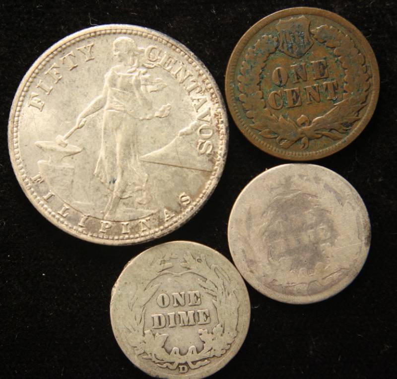 lot 45 image: 4 COINS 1944 SILVER 50 CENTAVOS 1890 SEATED 1914 BARBER DIMES 1902 INDIAN HEAD CENT