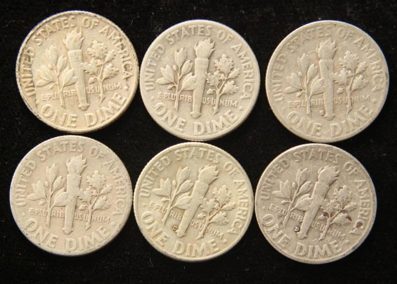 lot 46 image: 6 EARLYBETTER DATE DIMES 1946 1947 1948-S 1949-D 1952-D 1953