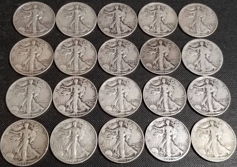 lot 10-A image: GROUP OF 20 WALKING LIBERTY SILVER HALF DOLLARS